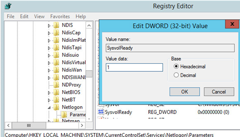 dc registry SysvolReady set to 1