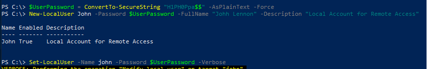 powershell: create local user (New-LocalUser) ans set password (Set-LocalUser )