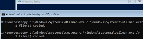 replace utilman.exe with cmd.exe