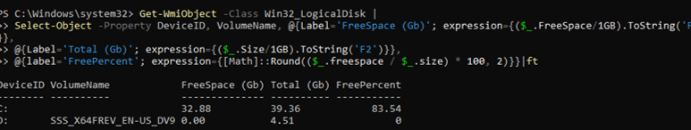 server core get free disk space with powershell