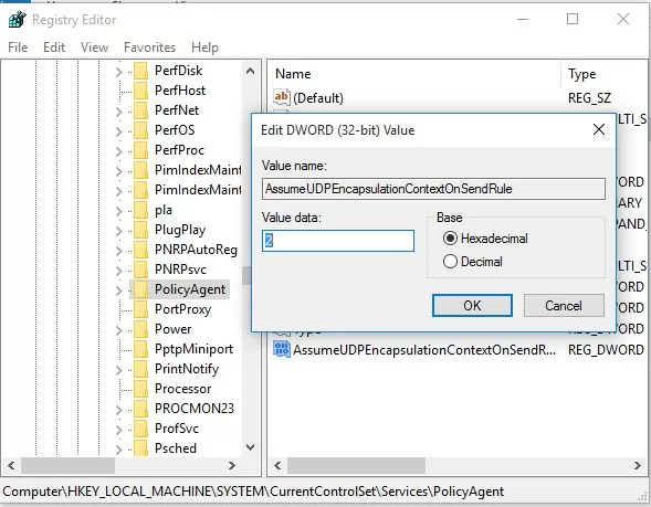 AssumeUDPEncapsulationContextOnSendRule registry key 