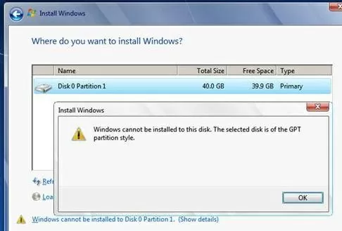 Windows cannot be installed to this disk the selected disk is of the GPT Partition Style