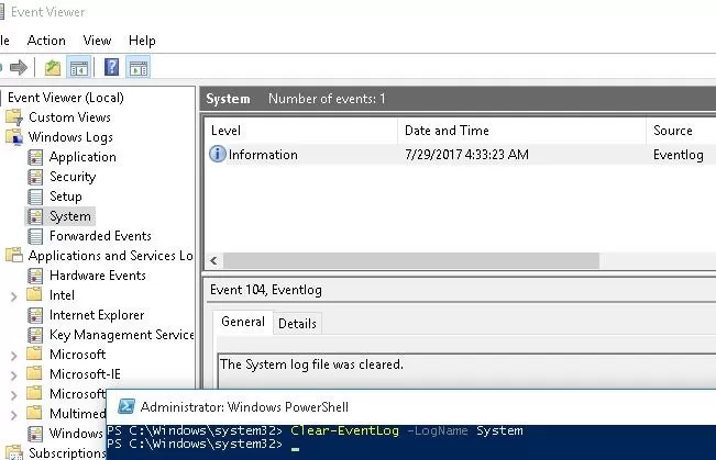 Clear-EventLog –LogName System The System log file was cleared