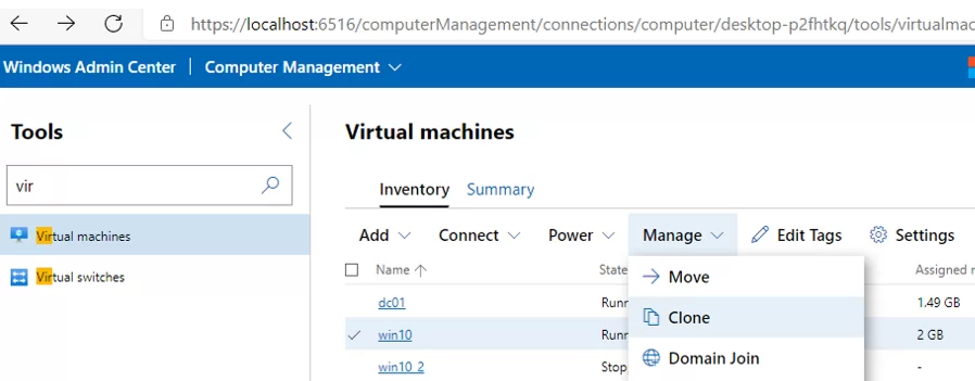 cloning hyper-v virtual machine in Windows Admin Center v2009 