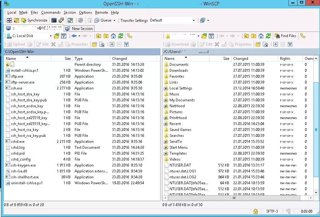 connect openssh on windows server using winscp