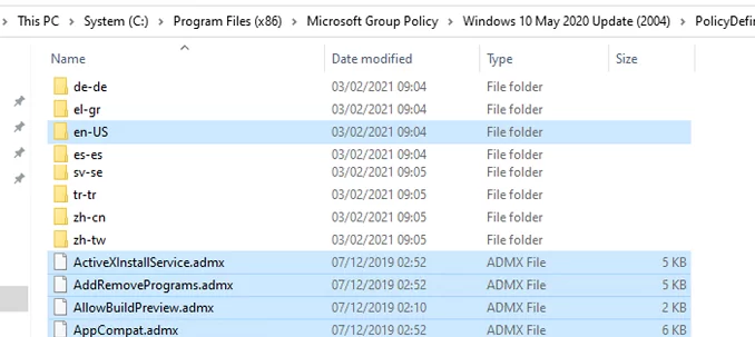 copy admx files to PolicyDefinitions on active directory domain controllers