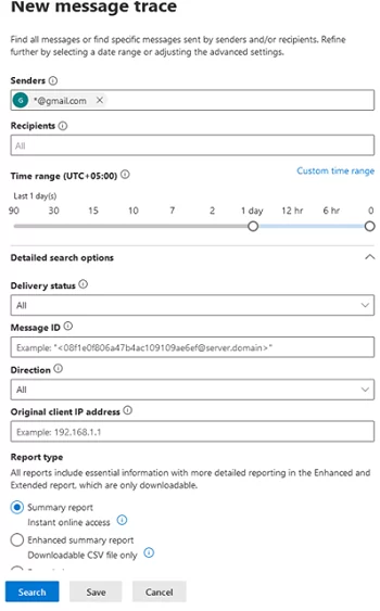 create new message trace report in Exchange Online EAC 