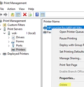 Delete printer using Print Management MMC snap-in 