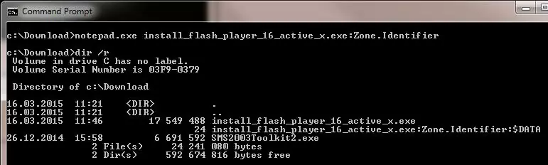 dir /r: show ntfs streams