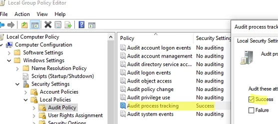 enable Audit process tracking policy