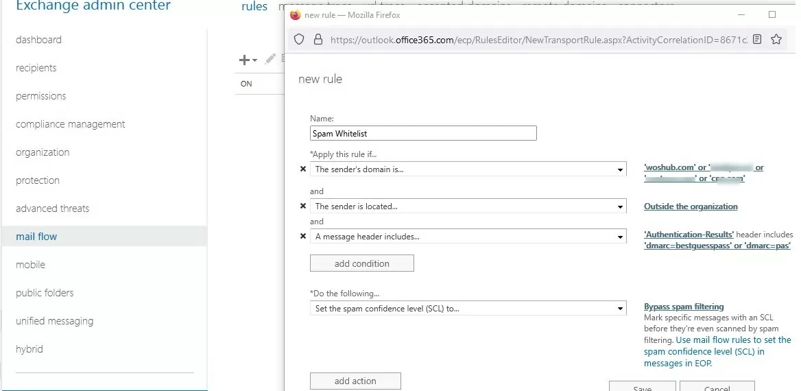 exchange online (office 365): add whitelist transport rule