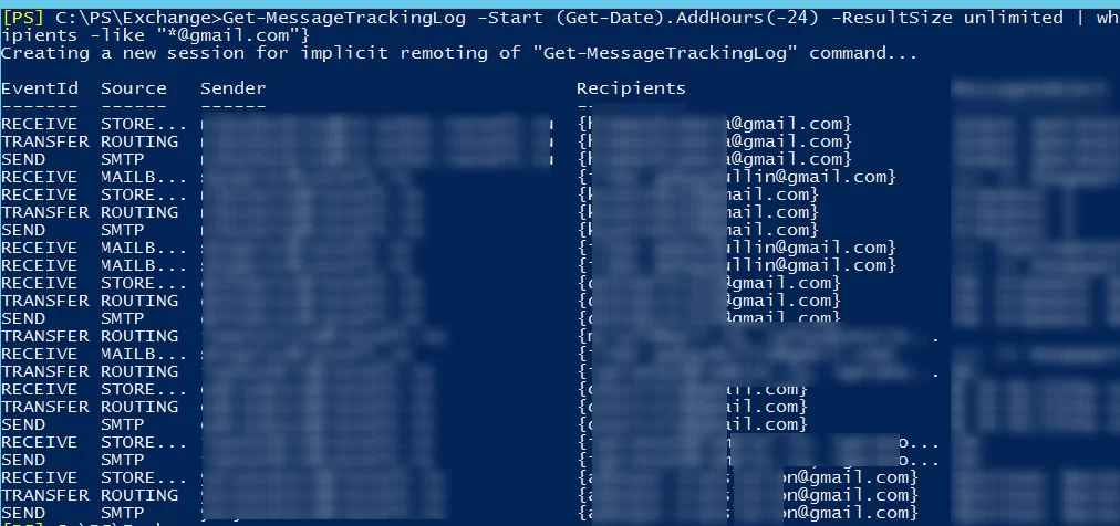 Get-MessageTrackingLog last day by recepient