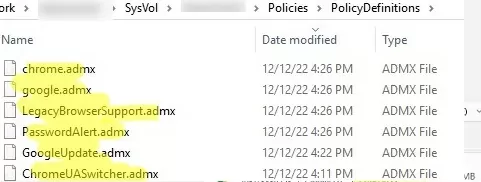 copy google chrome admx files to PolicyDefinitions 