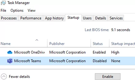 microsoft teams on startup tab of windows task manager