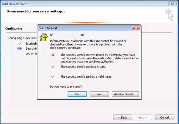 Outlook certificate warning