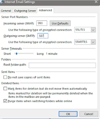 Outlook SSL connection settings