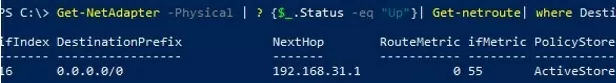 powershell: get default gateway route