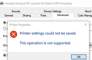 Printer settings could not be saved. This operation is not supported