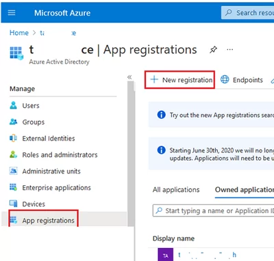 register new app using azure app registration