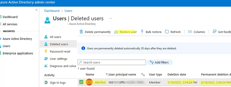 Restore deleted users in Azure AD Portal