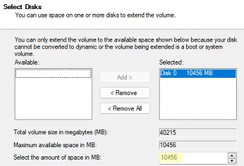 Set new volume size in Windows