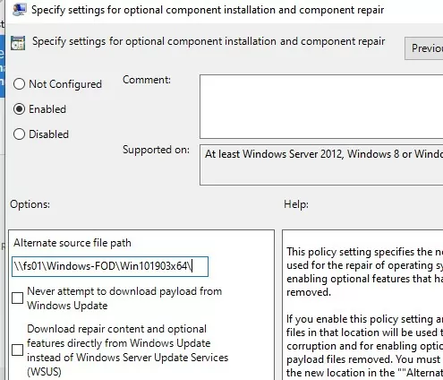 windows 10 1903 fod source path via gpo