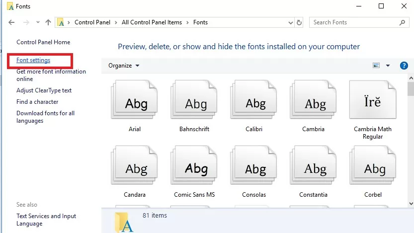 windows 10 font settings in control panel