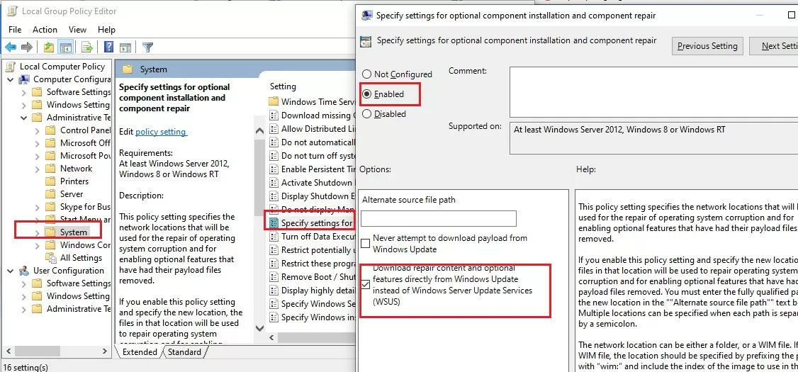 windows 10 1903 policy Specify settings for optional component installation and component repair, and check the option Download repair content and optional features directly from Windows Updates instead of Windows Server Updates Services (WSUS)